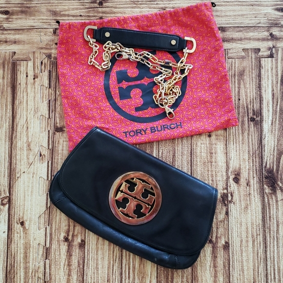 Tory Burch Clutch black small bag wit logo gold Chain strap & dust bag - Picture 14 of 15